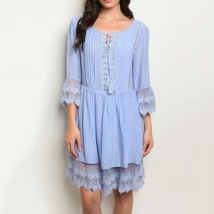 Cottagecore Lace Flowy Crochet chic Dress pleats light blue retro